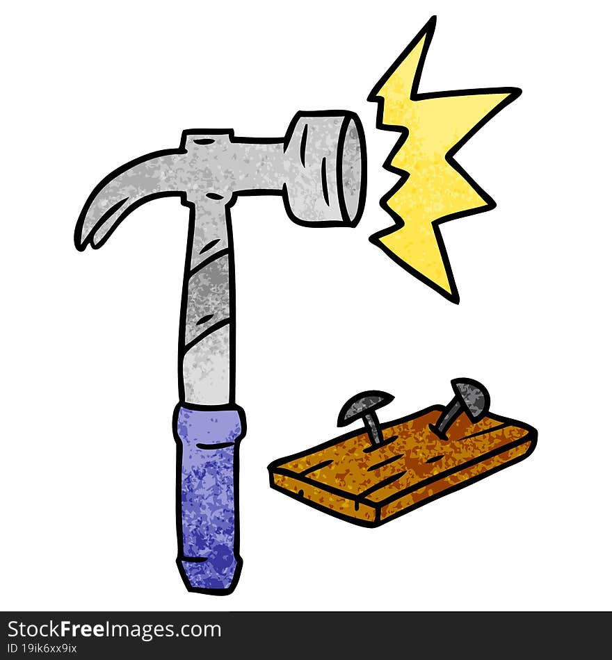 textured cartoon doodle of a hammer and nails