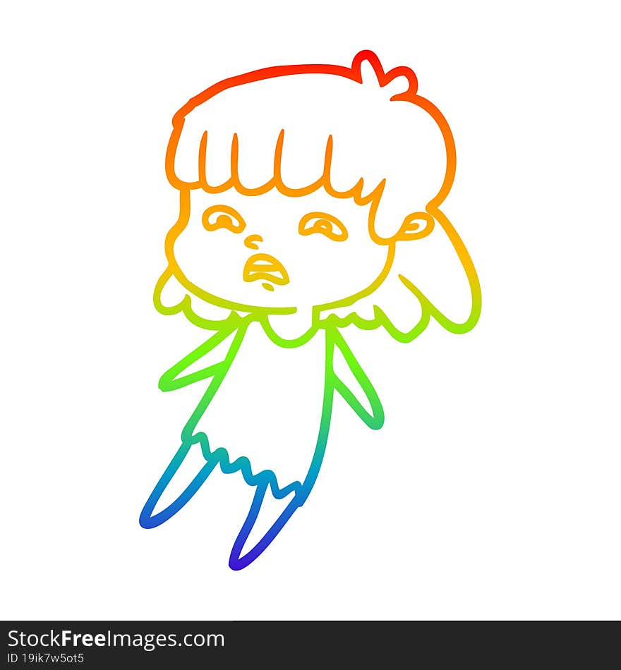 rainbow gradient line drawing of a cartoon worried woman