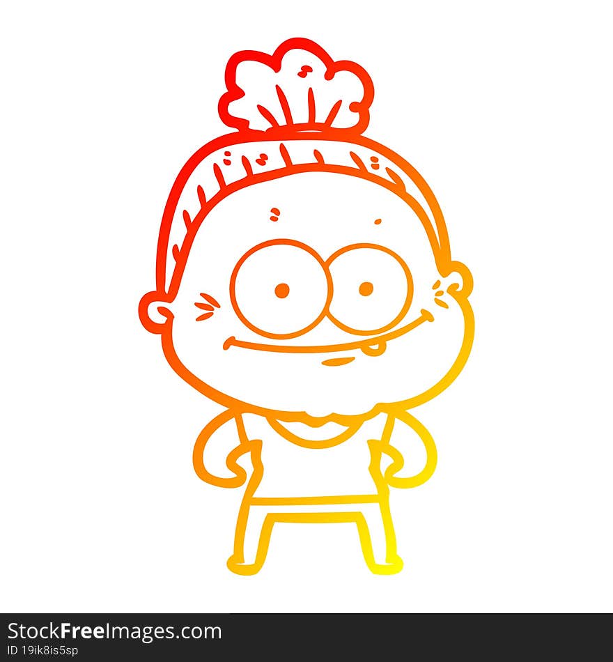 warm gradient line drawing of a cartoon happy old woman