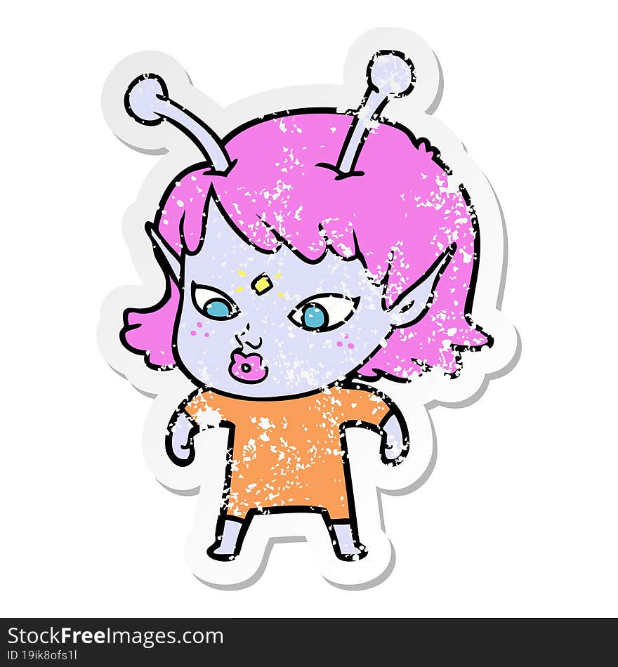 distressed sticker of a pretty cartoon alien girl