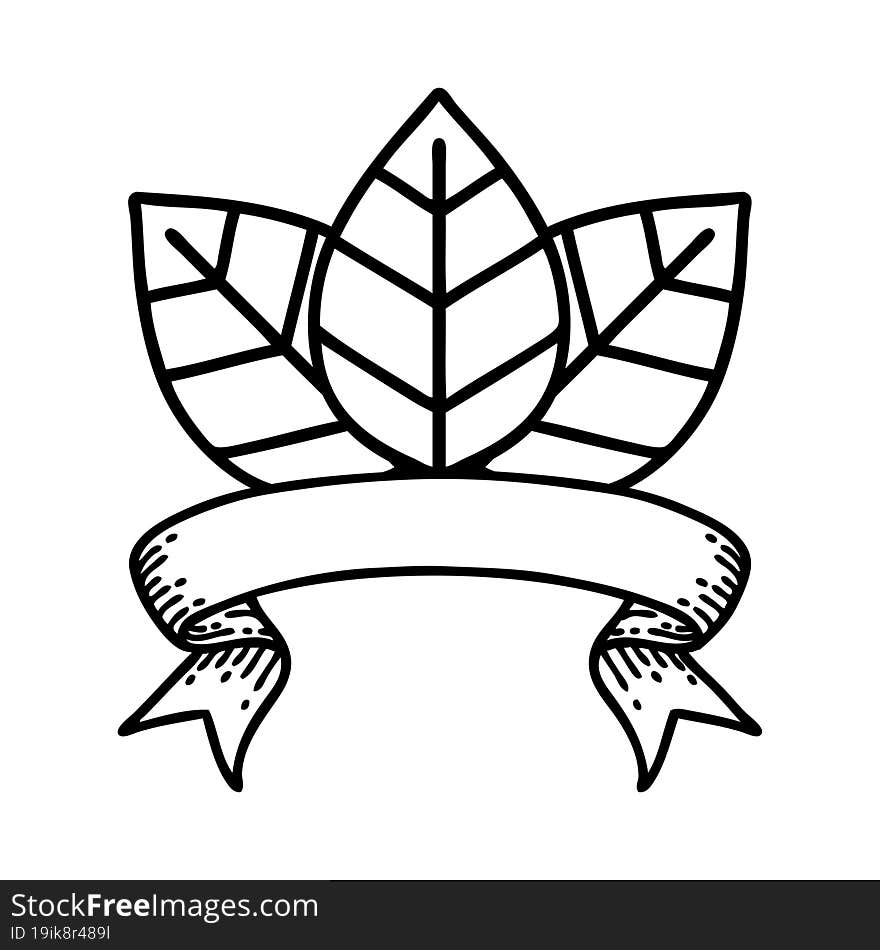 Black Linework Tattoo With Banner Of A Leaf