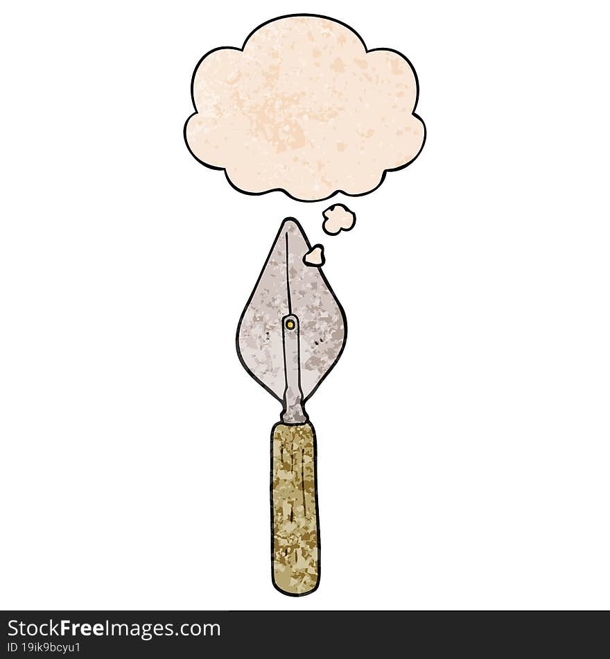 cartoon trowel and thought bubble in grunge texture pattern style