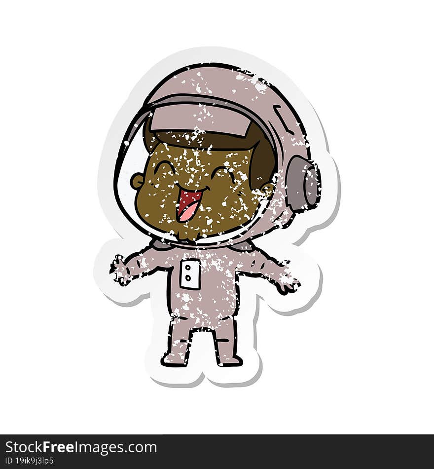 distressed sticker of a happy cartoon astronaut