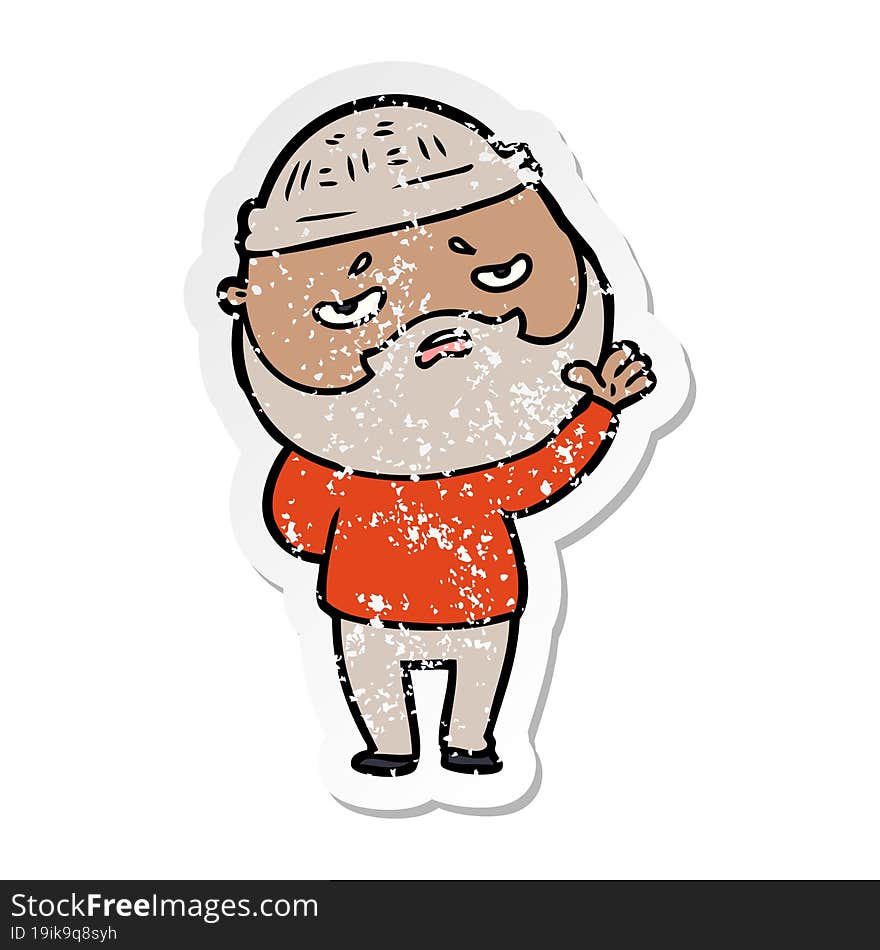 distressed sticker of a cartoon worried man with beard