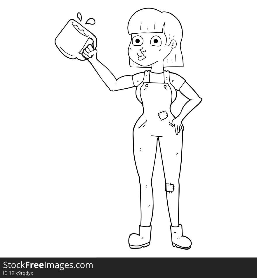 Black And White Cartoon Female Worker With Coffee Mug