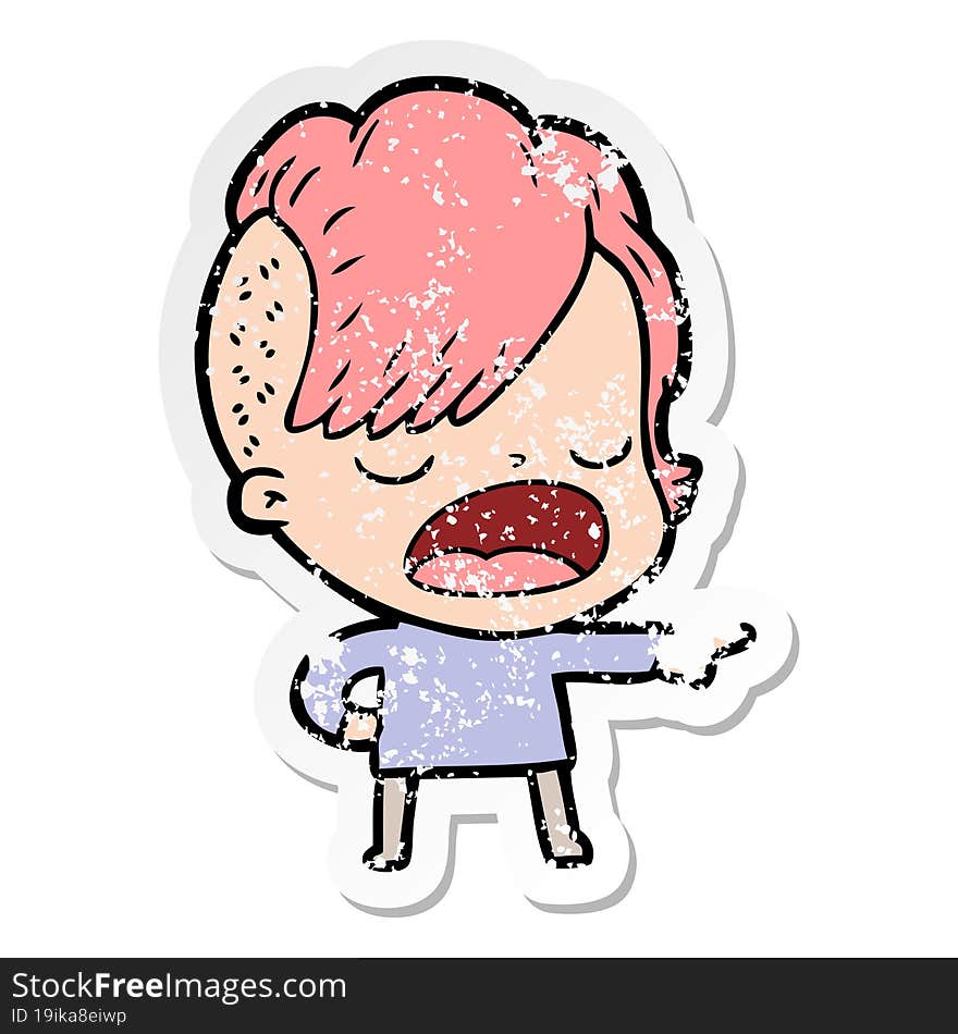 distressed sticker of a cartoon cool hipster girl talking