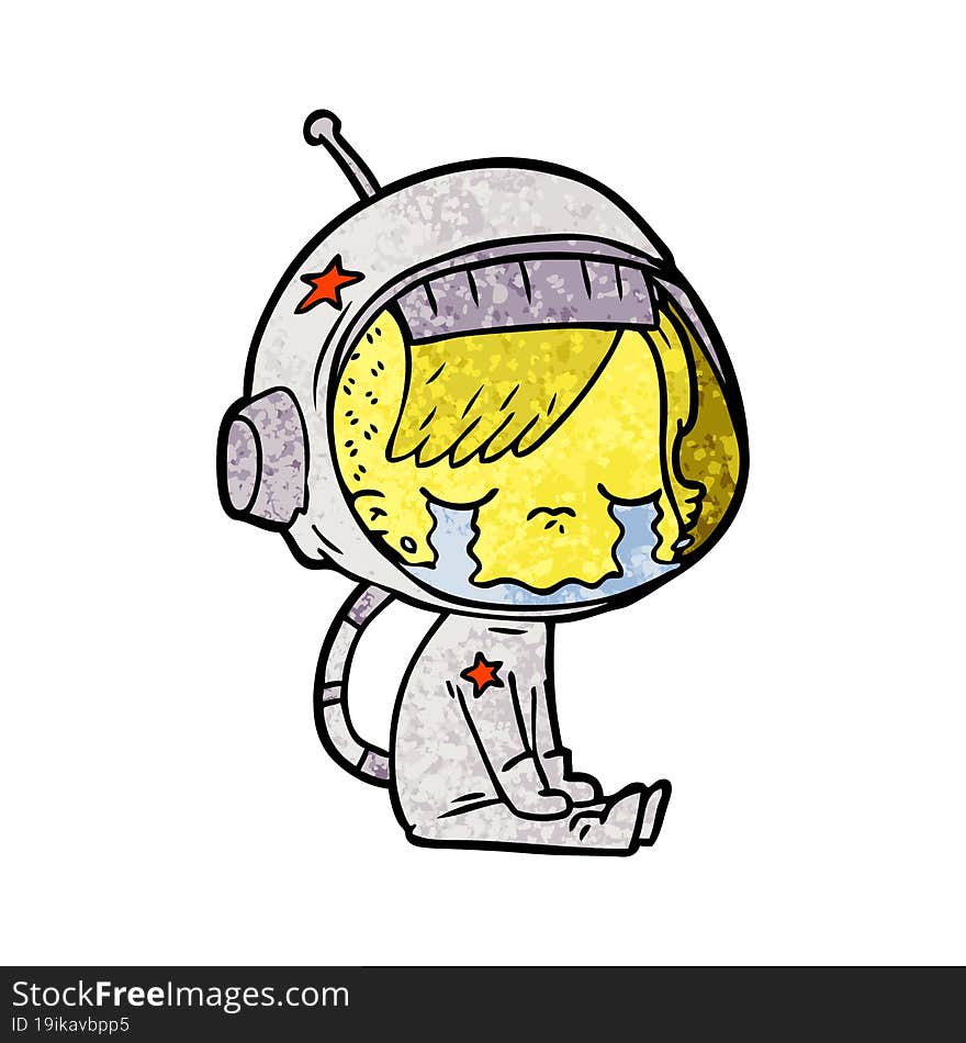 cartoon crying astronaut girl sitting. cartoon crying astronaut girl sitting