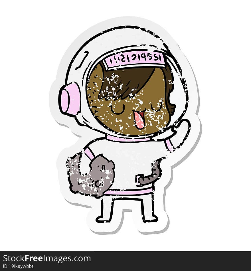 distressed sticker of a cartoon astronaut woman