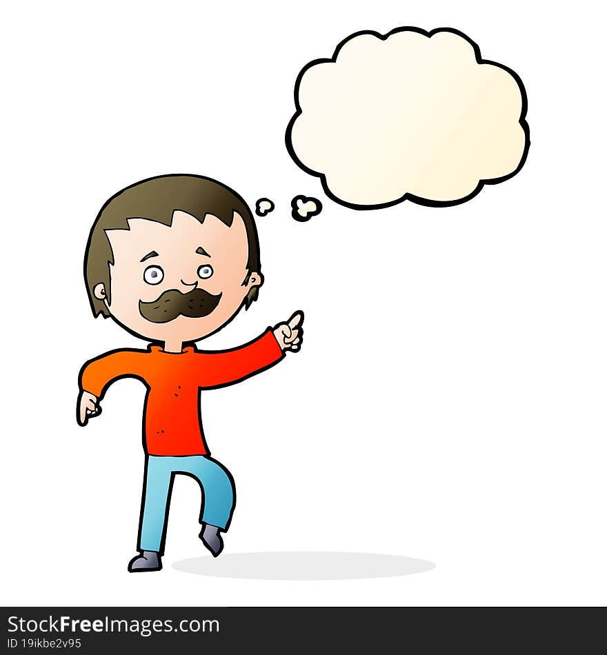 cartoon man with mustache pointing with thought bubble