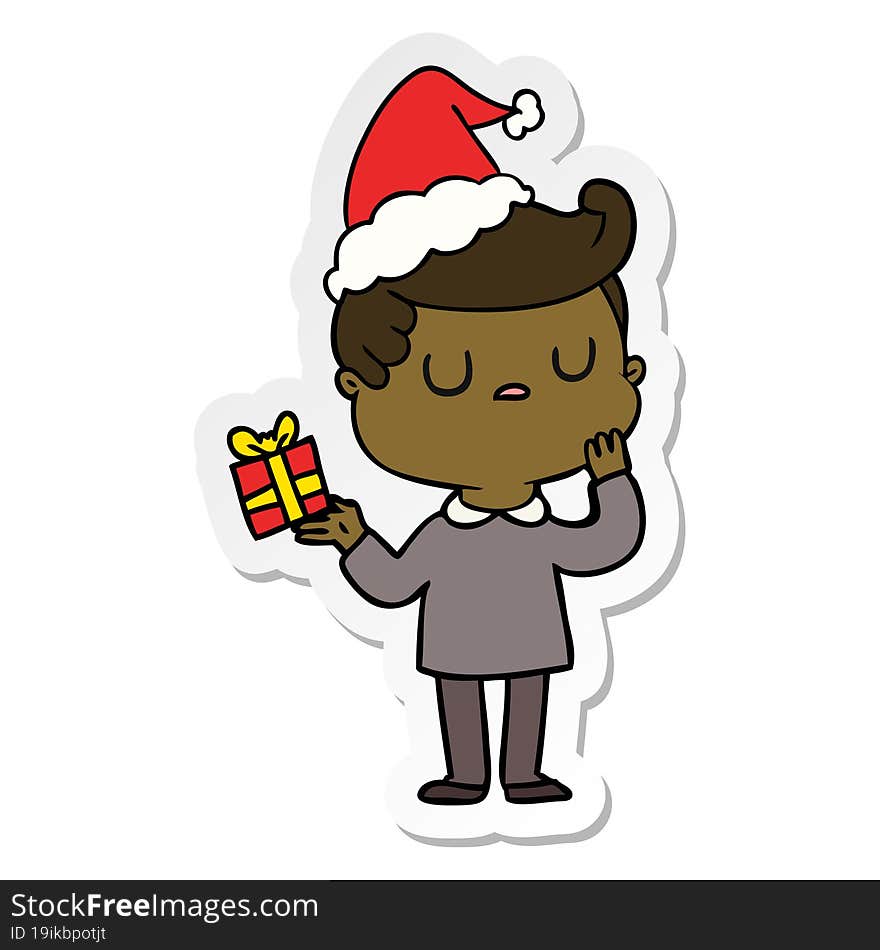 sticker cartoon of a man wondering wearing santa hat