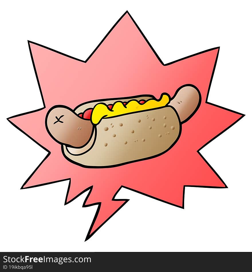 cartoon fresh tasty hot dog with speech bubble in smooth gradient style