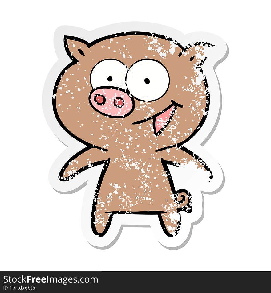 distressed sticker of a cheerful pig cartoon