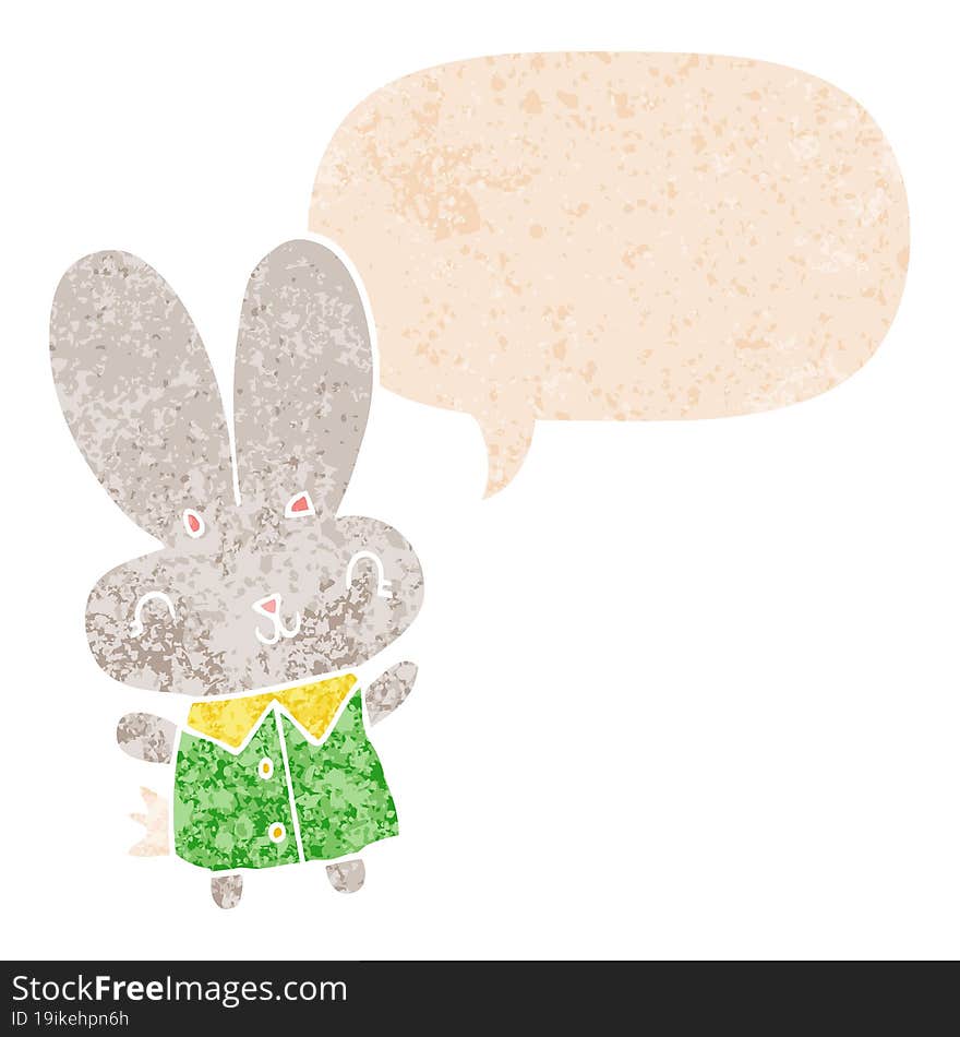 cute cartoon tiny rabbit with speech bubble in grunge distressed retro textured style. cute cartoon tiny rabbit with speech bubble in grunge distressed retro textured style