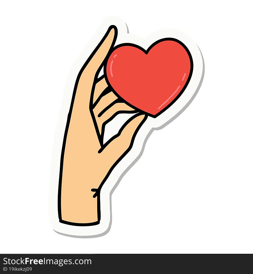 sticker of tattoo in traditional style of a hand holding a heart. sticker of tattoo in traditional style of a hand holding a heart