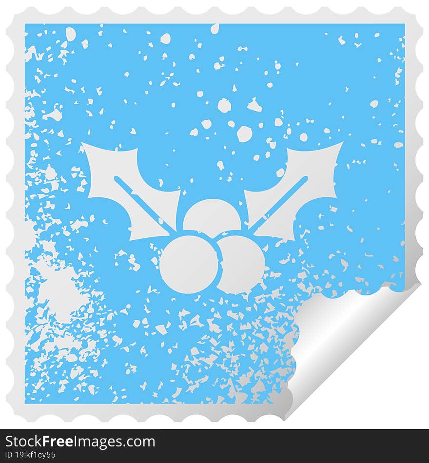 distressed square peeling sticker symbol of a christmas holly