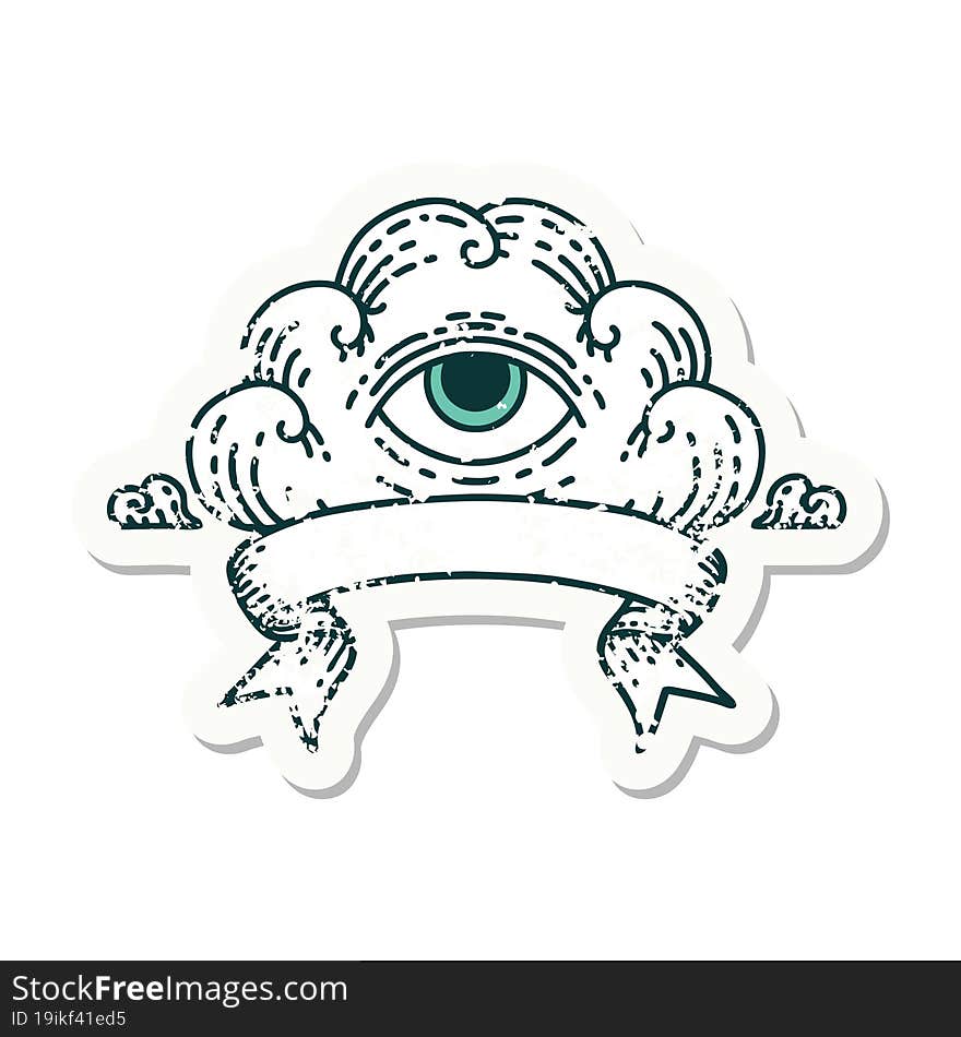 grunge sticker with banner of an all seeing eye cloud