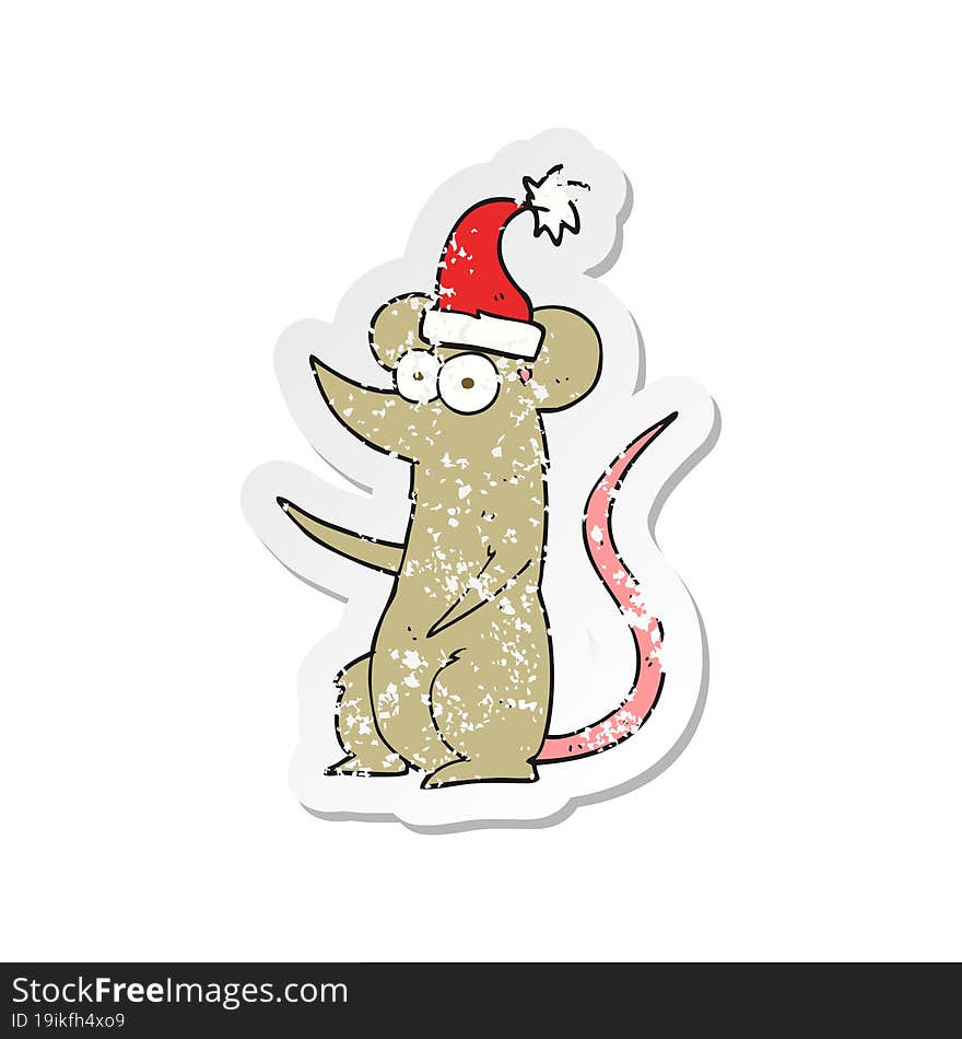 retro distressed sticker of a cartoon mouse wearing christmas hat