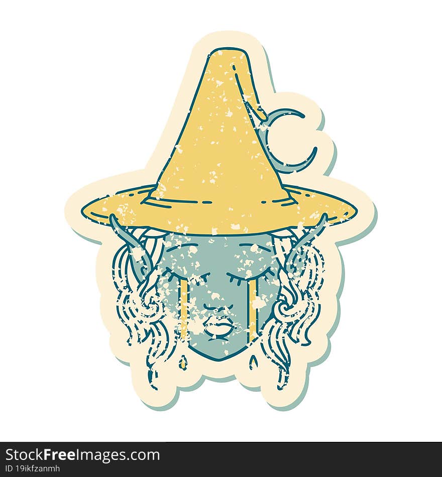 Retro Tattoo Style crying elf mage character face. Retro Tattoo Style crying elf mage character face