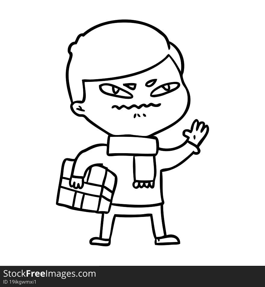 cartoon angry man carrying parcel. cartoon angry man carrying parcel