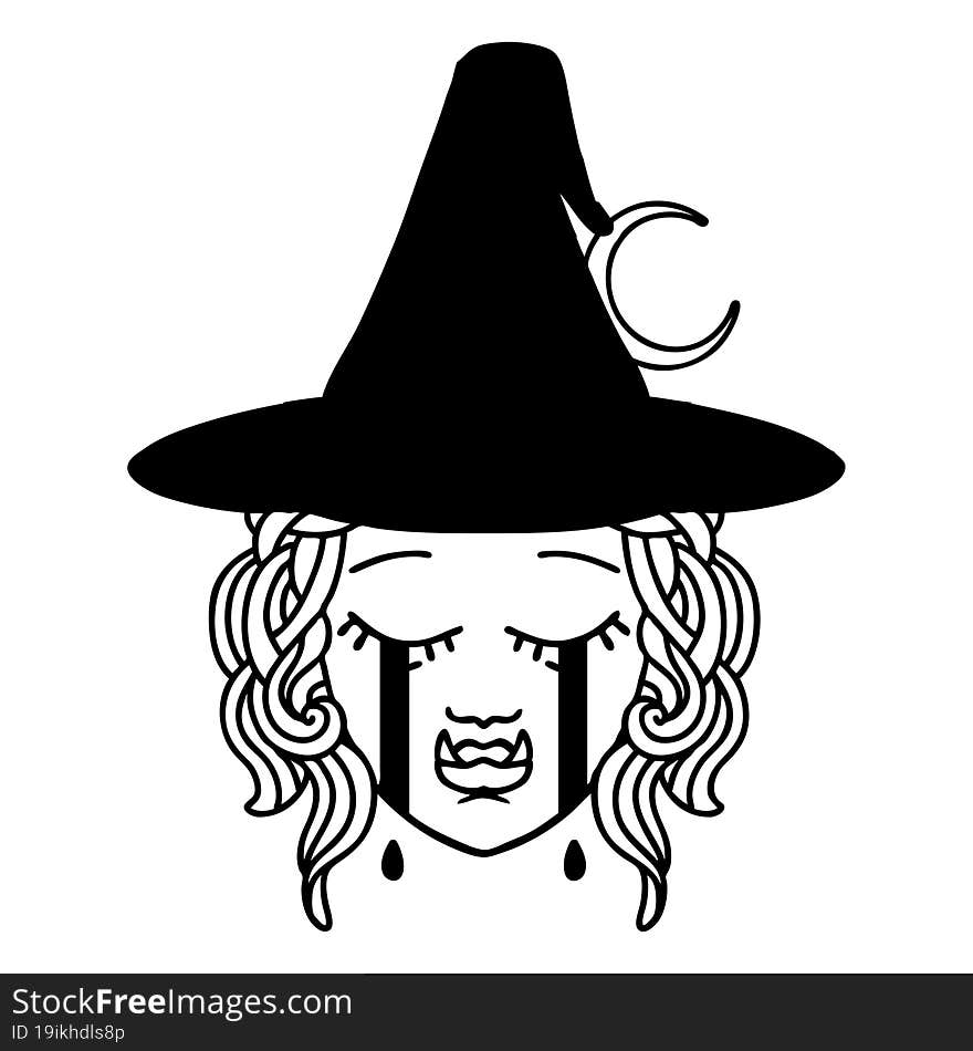 Black and White Tattoo linework Style crying half orc witch character face. Black and White Tattoo linework Style crying half orc witch character face