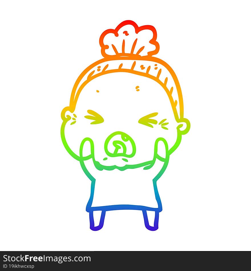 rainbow gradient line drawing of a cartoon angry old woman