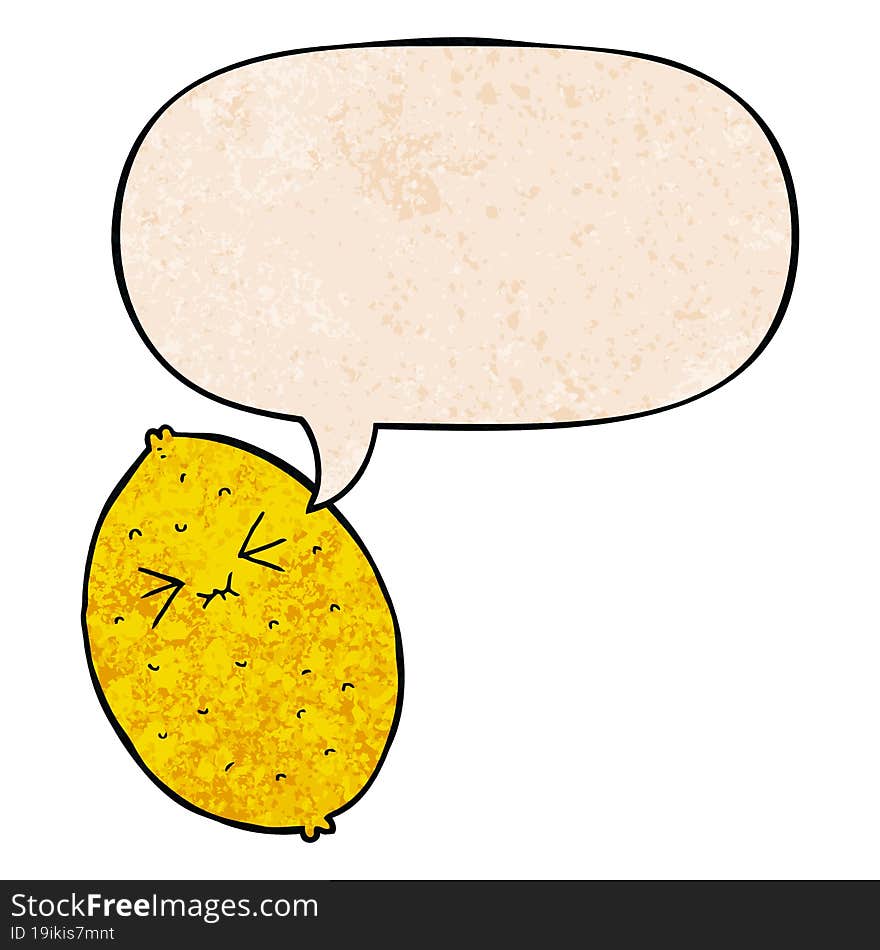 Cartoon Bitter Lemon And Speech Bubble In Retro Texture Style