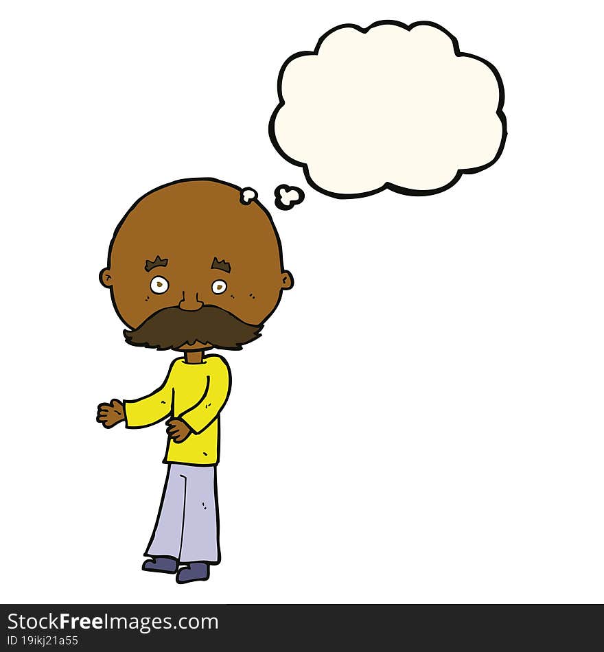 cartoon man with mustache with thought bubble