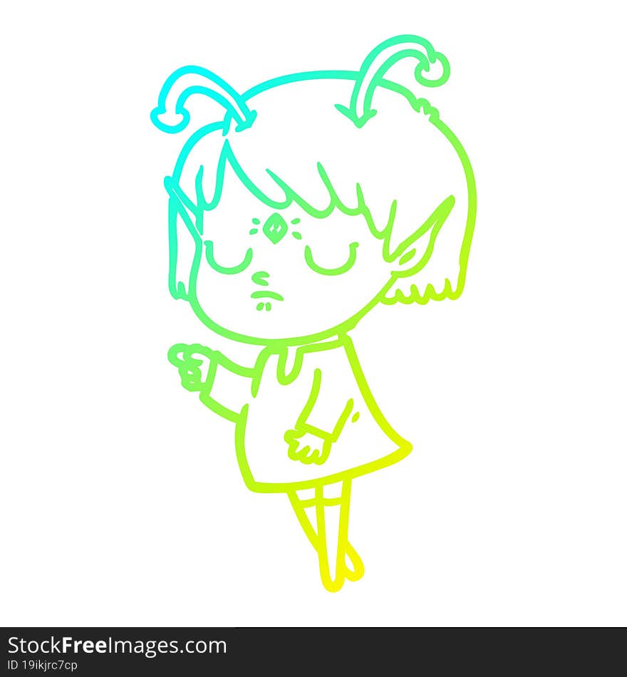 cold gradient line drawing of a cartoon alien girl