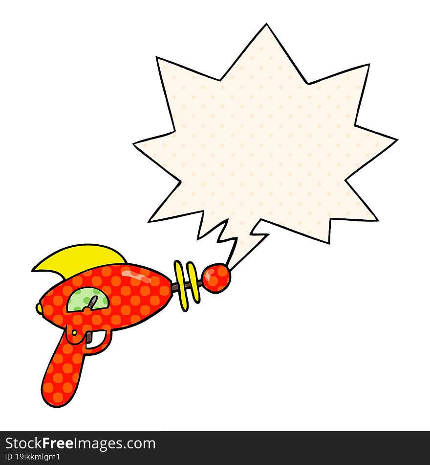 cartoon ray gun with speech bubble in comic book style