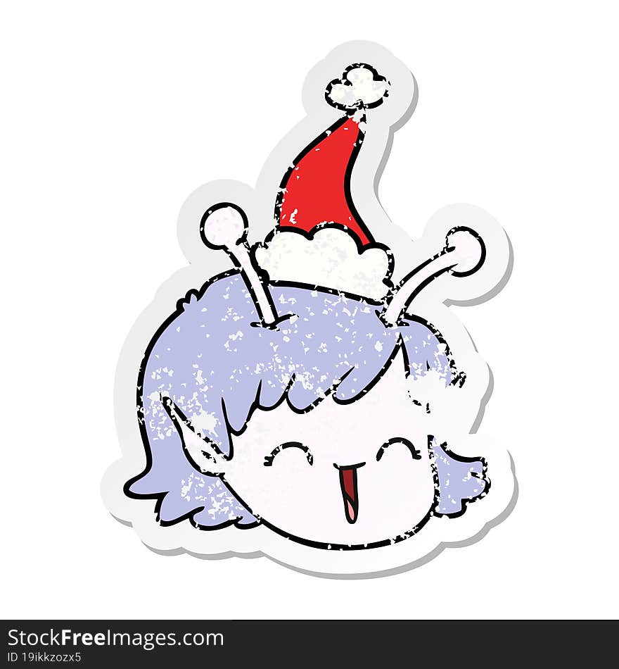 Distressed Sticker Cartoon Of A Alien Space Girl Face Wearing Santa Hat