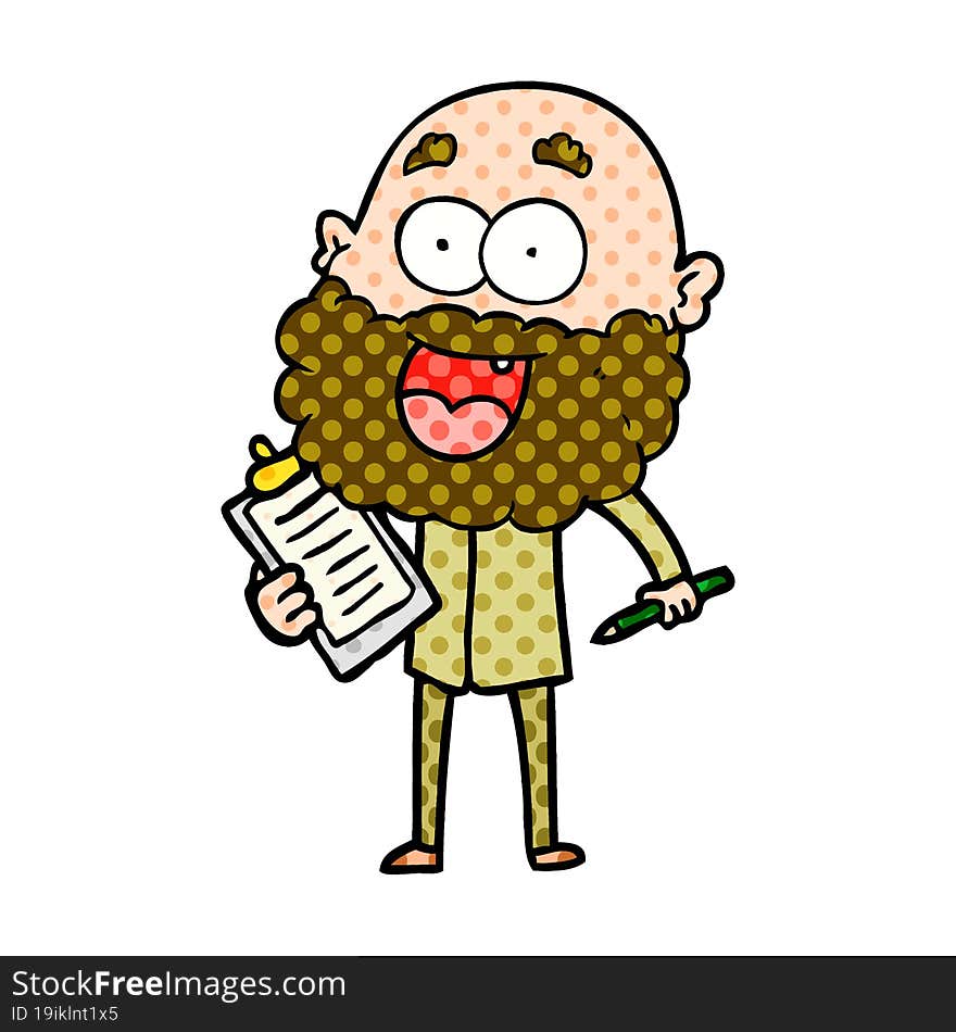 cartoon crazy happy man with beard and clip board for notes. cartoon crazy happy man with beard and clip board for notes