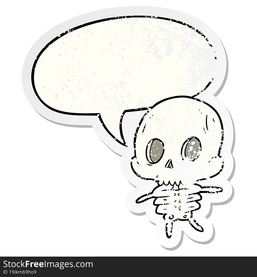 cute cartoon skeleton with speech bubble distressed distressed old sticker. cute cartoon skeleton with speech bubble distressed distressed old sticker