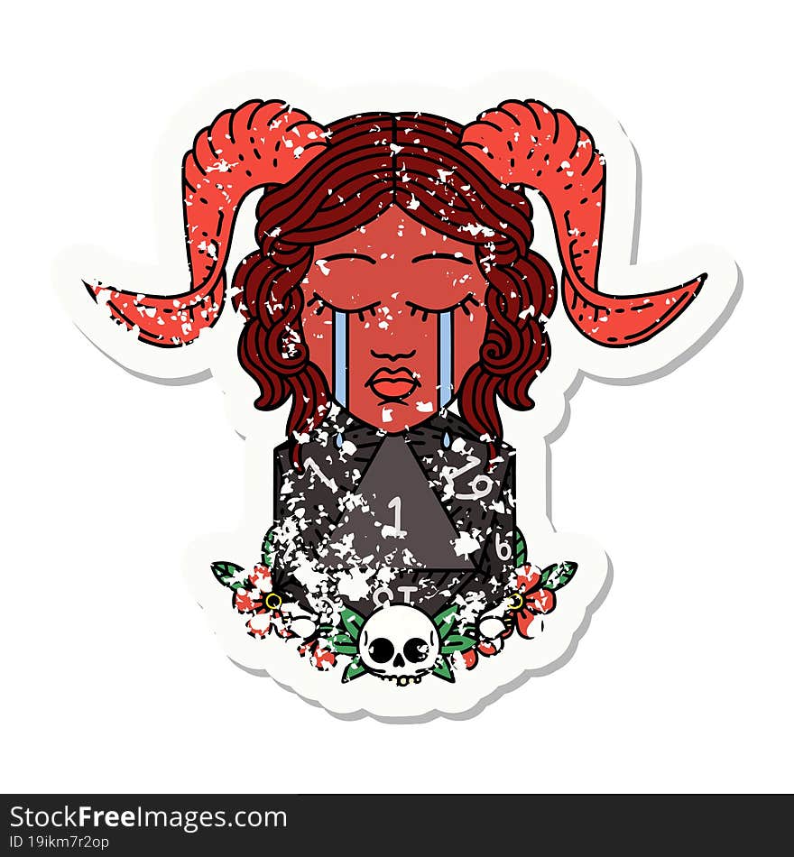 grunge sticker of a crying tiefling character with natural one D20 dice roll. grunge sticker of a crying tiefling character with natural one D20 dice roll