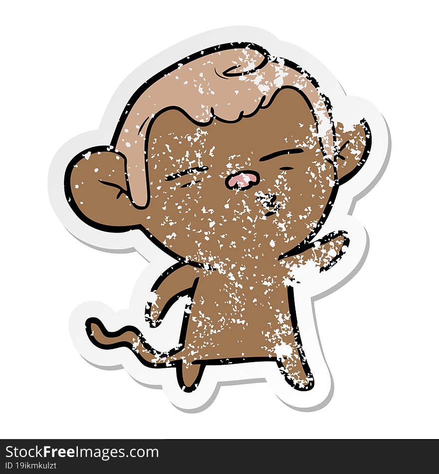 distressed sticker of a cartoon suspicious monkey