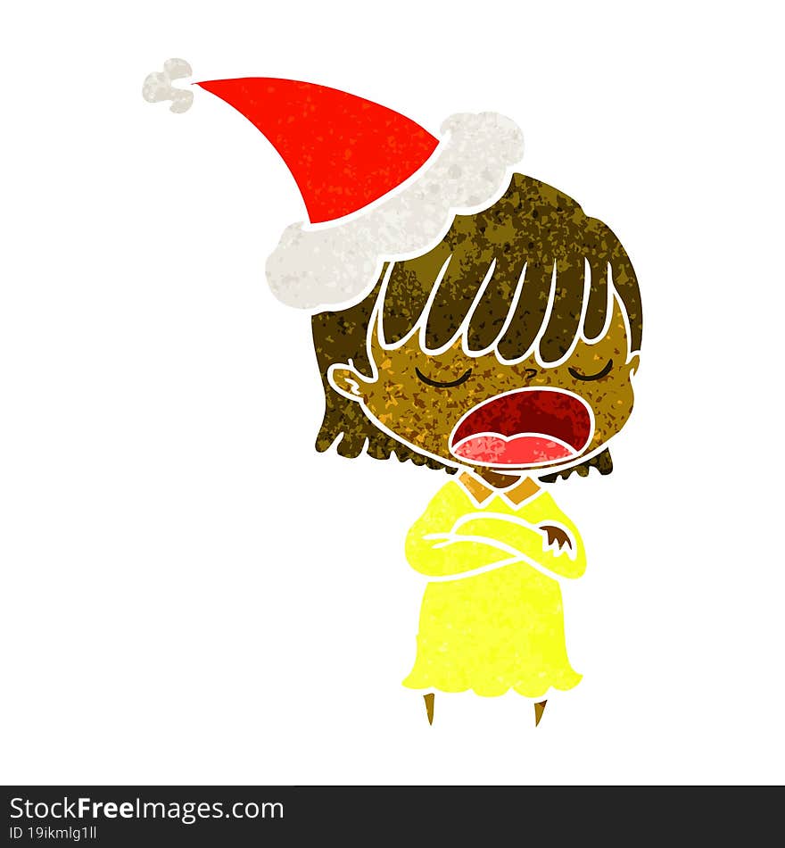 Retro Cartoon Of A Woman Talking Loudly Wearing Santa Hat