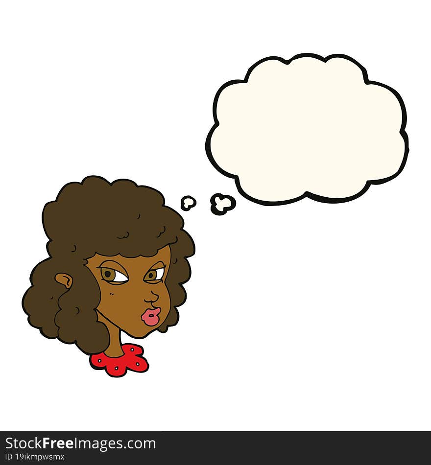 cartoon suspicious woman with thought bubble