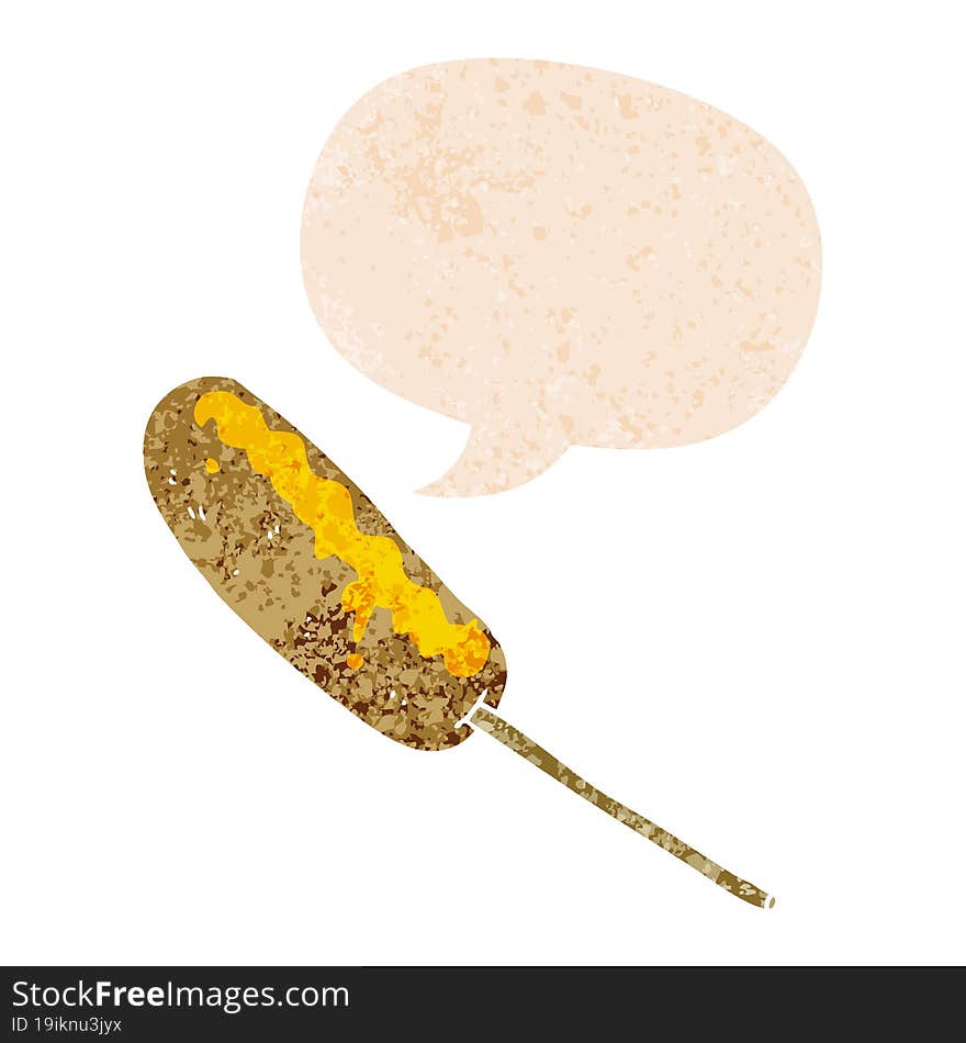 cartoon hotdog on a stick and speech bubble in retro textured style