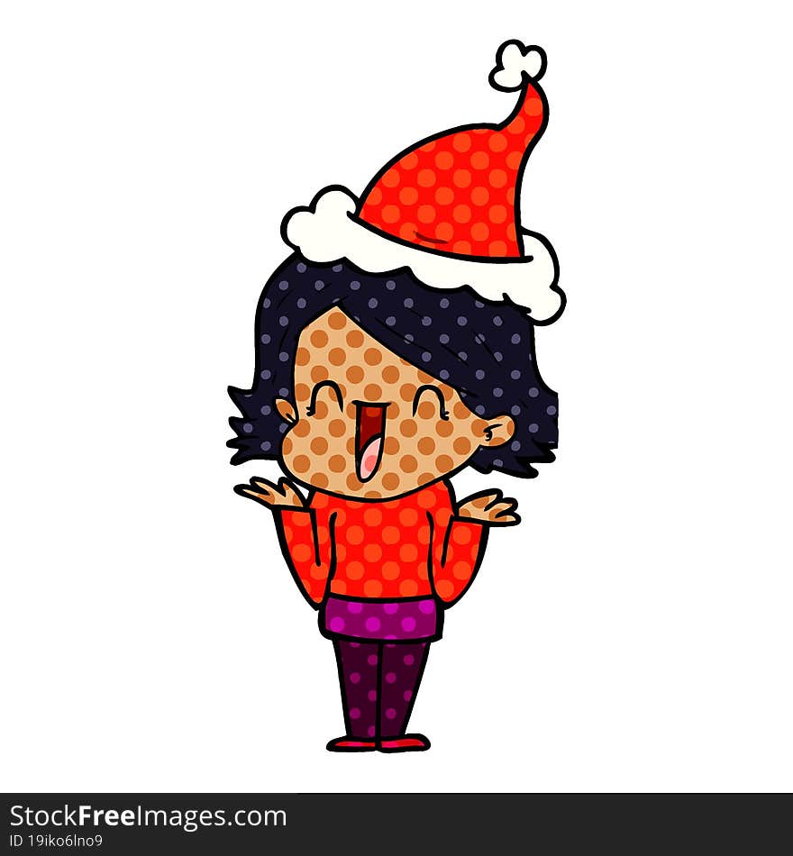 comic book style illustration of a happy woman wearing santa hat