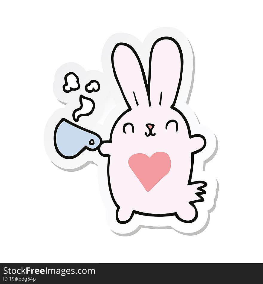 sticker of a cute cartoon rabbit with love heart and coffee cup