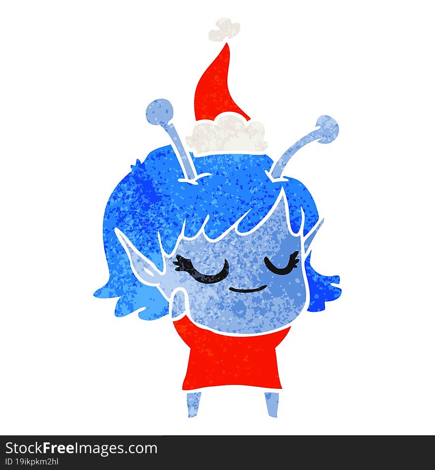 smiling alien girl retro cartoon of a wearing santa hat