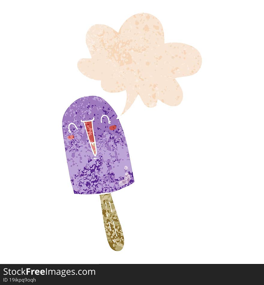 cartoon happy ice lolly with speech bubble in grunge distressed retro textured style. cartoon happy ice lolly with speech bubble in grunge distressed retro textured style