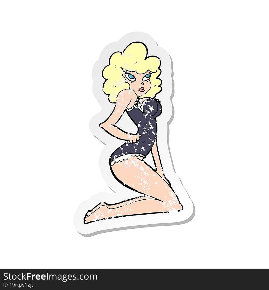 retro distressed sticker of a cartoon pin-up woman