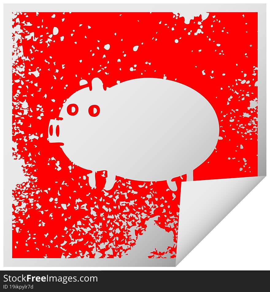 distressed square peeling sticker symbol of a fat pig