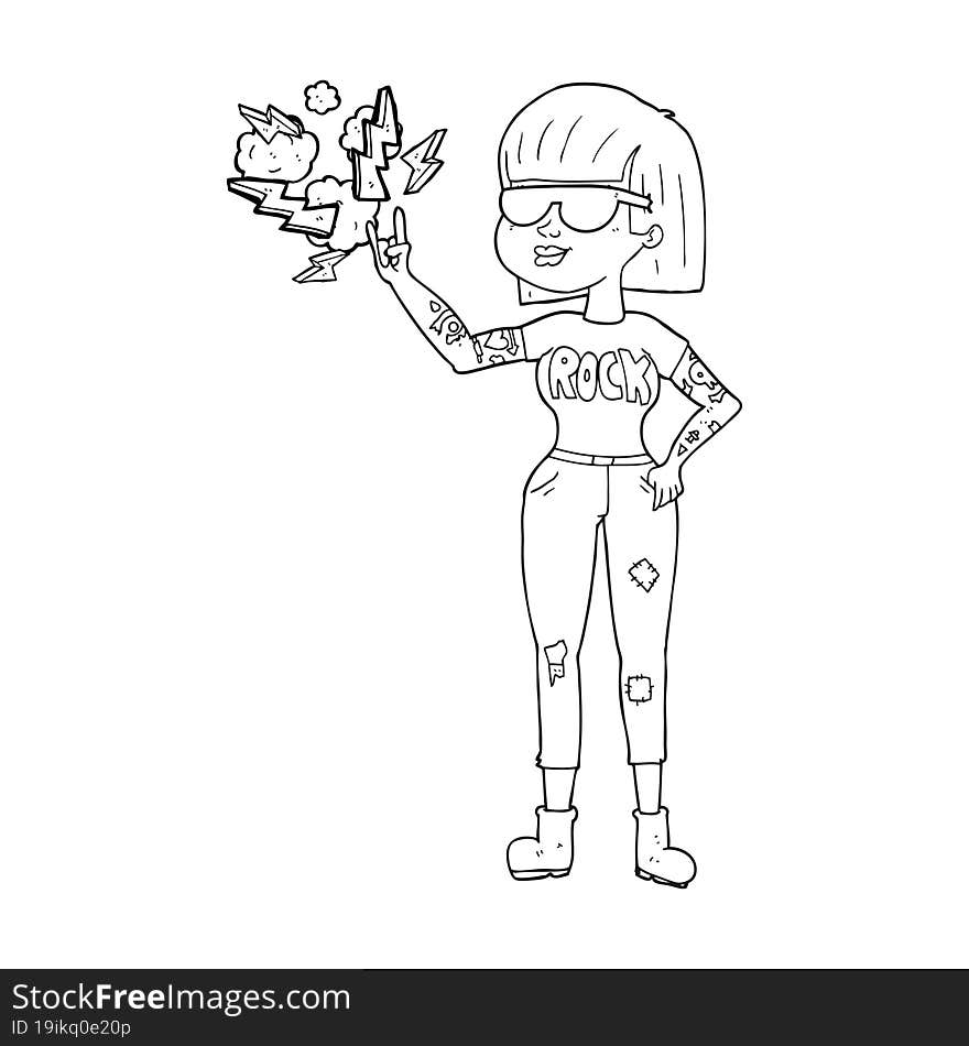 freehand drawn black and white cartoon rock woman