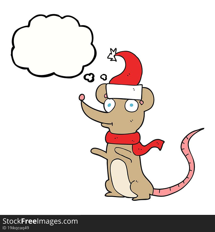 freehand drawn thought bubble cartoon mouse wearing christmas hat