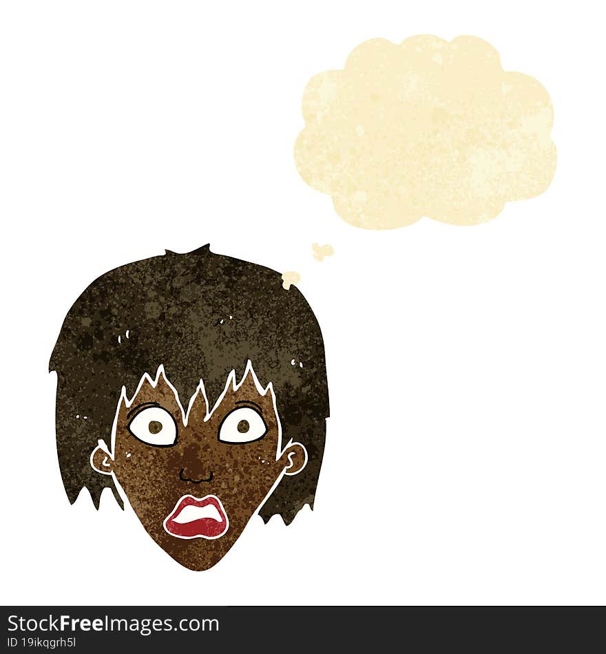 cartoon frightened woman with thought bubble