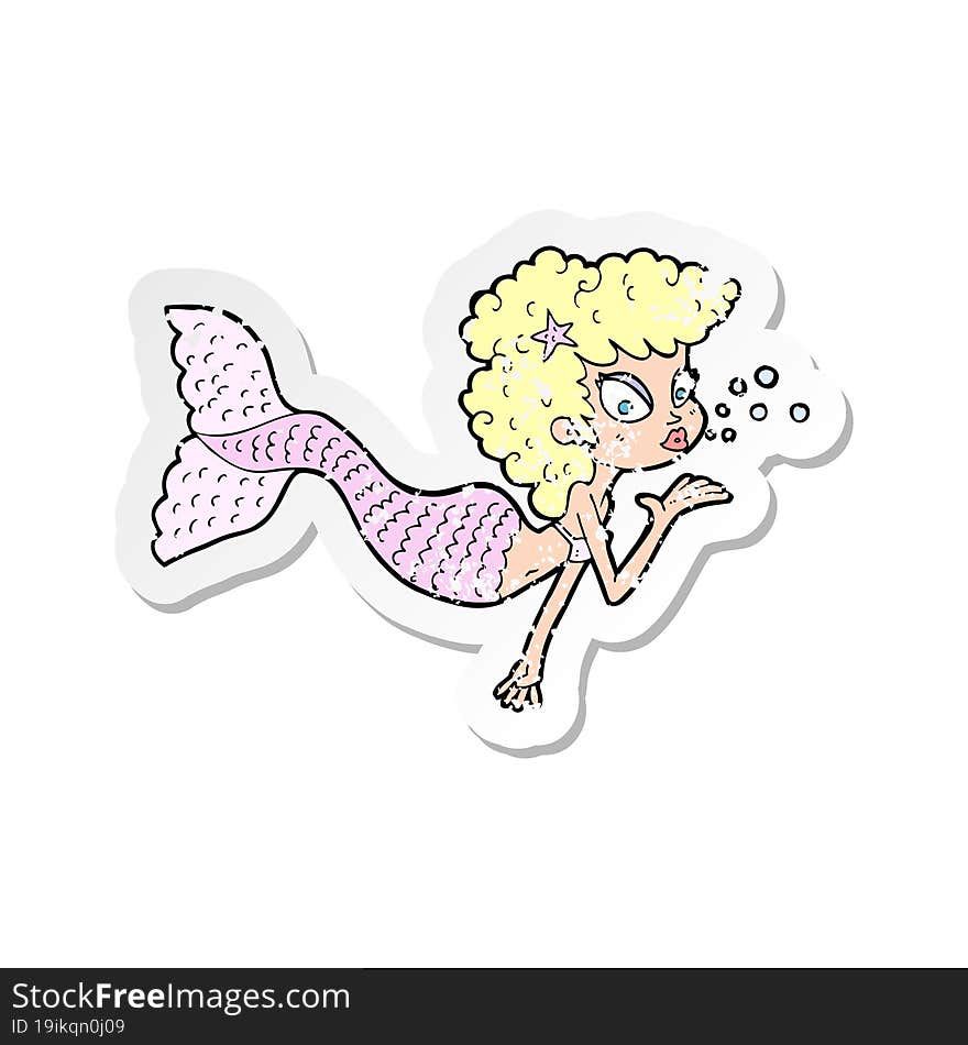 Retro Distressed Sticker Of A Cartoon Mermaid Blowing Kiss