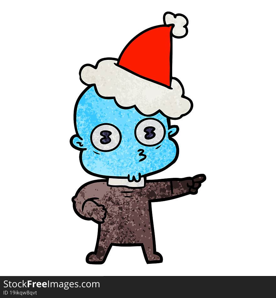 textured cartoon of a weird bald spaceman wearing santa hat