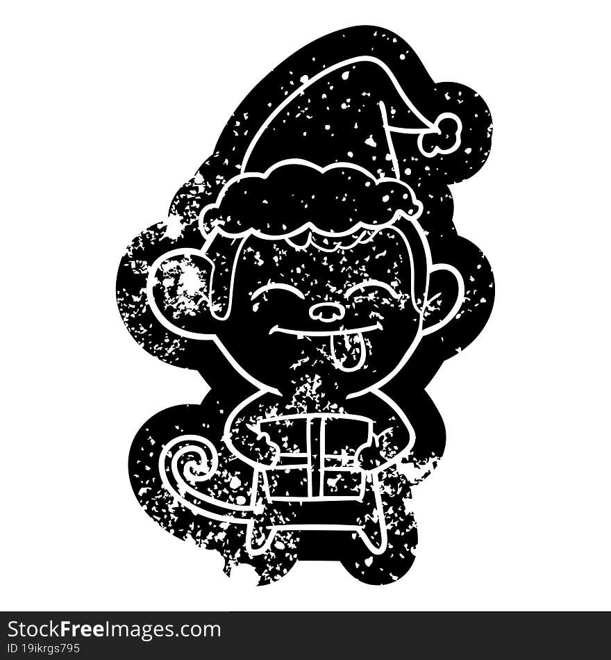 Funny Cartoon Distressed Icon Of A Monkey With Christmas Present Wearing Santa Hat