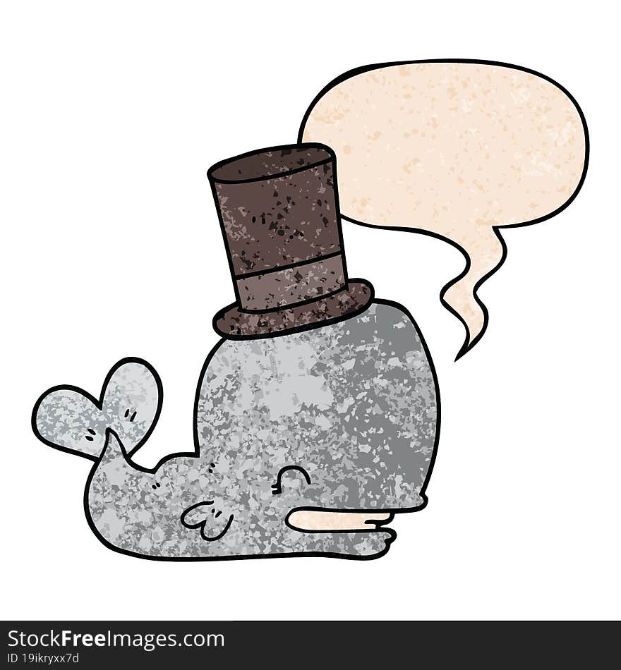 cartoon whale wearing top hat and speech bubble in retro texture style